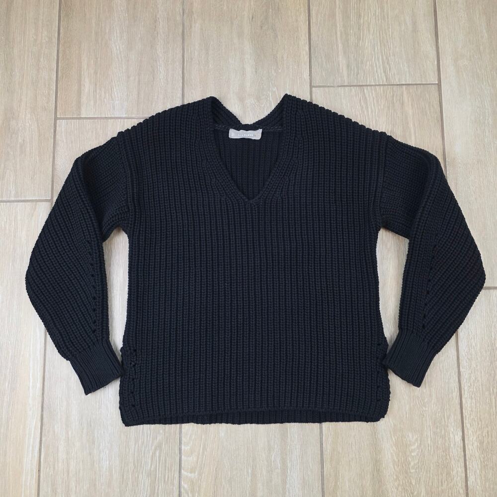 Everlane The Texture Cotton V-Neck Sweater Small S Black Chunky Rib Knit